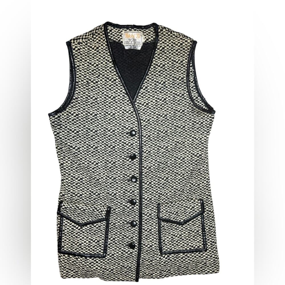 Vtg 60s Wool Vest Yokki Tu Check Tweed Faux Leather Trim Mod Preppy Women’s 12